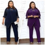 Plus Size African Mother Mature Two Piece Autumn Chiffon Top and Pants Set