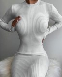 Autumn Solid Plain Round Neck Ribbed Long Curvy Dress