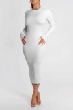 Autumn Solid Plain Round Neck Ribbed Long Curvy Dress