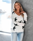 Autumn Stars Print V-Neck Loose Sweater Top