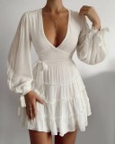 Autumn Party White Deep-V Ruffles Skater Dress with Puff Sleeves