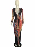 Autumn Sexy Deep-V Front-Slit Colorful Evening Dress with Belt