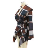 Winter Turndown Collar Wrapped Irregular Plaid Coat with Belt