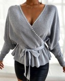 Autumn Bat Sleeves Beaded V-Neck Knitted Grey Peplum Top with Belt