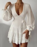 Autumn Party White Deep-V Ruffles Skater Dress with Puff Sleeves