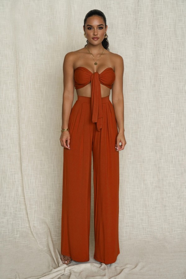 Summer Sexy Plain Knotted Bandeau Top and Wide Legges Pants Set