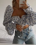 Autumn White and Blue Floral Bubble Sleeve Vintage Crop Top