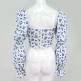 Autumn White and Blue Floral Bubble Sleeve Vintage Crop Top