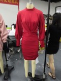 Autumn Red Party Red Bubble Sleeve Ruched Mini Dress