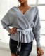 Autumn Bat Sleeves Beaded V-Neck Knitted Grey Peplum Top with Belt
