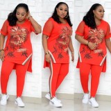 Plus Size African Mother Mature Two Piece Summer Floral Top and Pants Set