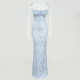 Summer Romantic Vintage Straps Floral Blue Midi Dress