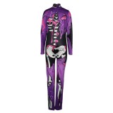 Halloween Carvinal Skull Print Long Sleeve Bodycon Jumpsuit