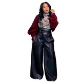 Formal High Waist Wide Legges Leather Trousers with Belt