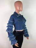 Autumn Button Up Blue Short Denim Jacket with Layer Sleeves