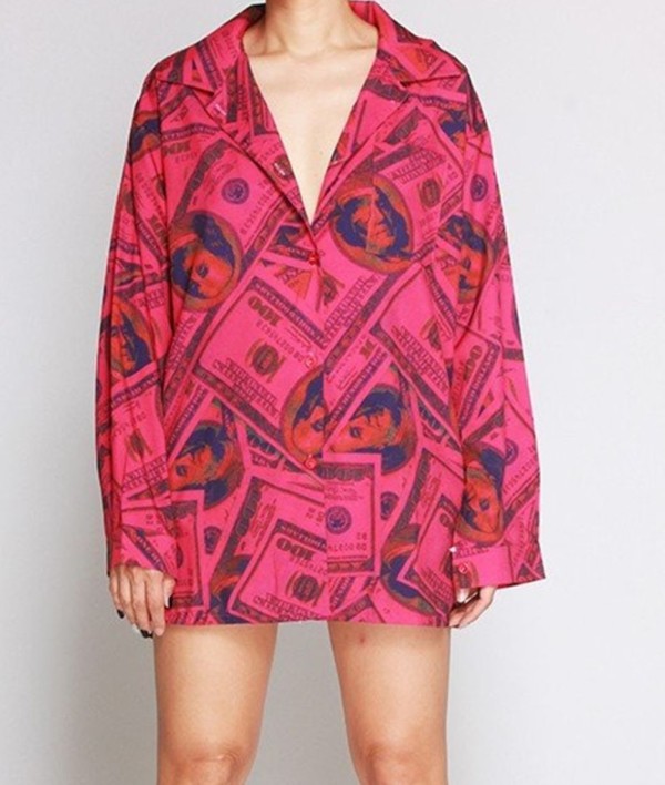 Autumn Dollar Print Button Up Red Long Jacket