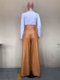 Formal High Waist Wide Legges Leather Trousers with Belt
