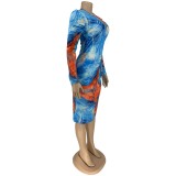 Autumn Africa Tie Dye Midi Dress with Full Sleeves