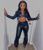 Party Sexy Black Leather High Waist Stack Pants