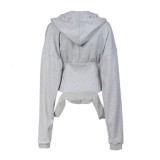 Autumn Grey Sexy V-Neck Ripped Hoodie Jacket