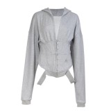 Autumn Grey Sexy V-Neck Ripped Hoodie Jacket