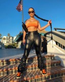 Party Sexy Black Leather High Waist Stack Pants