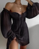 Black Sexy Strapless Night Dress with Pop Sleeves