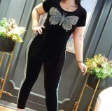 Plus Size Mother Mature Sequins Butterfly Slit Shirt and Pants Set