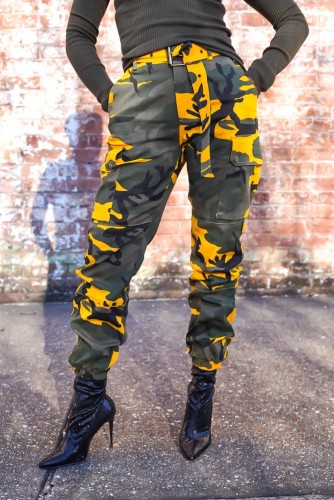 Pantalon cargo camouflage taille haute avec ceinture
