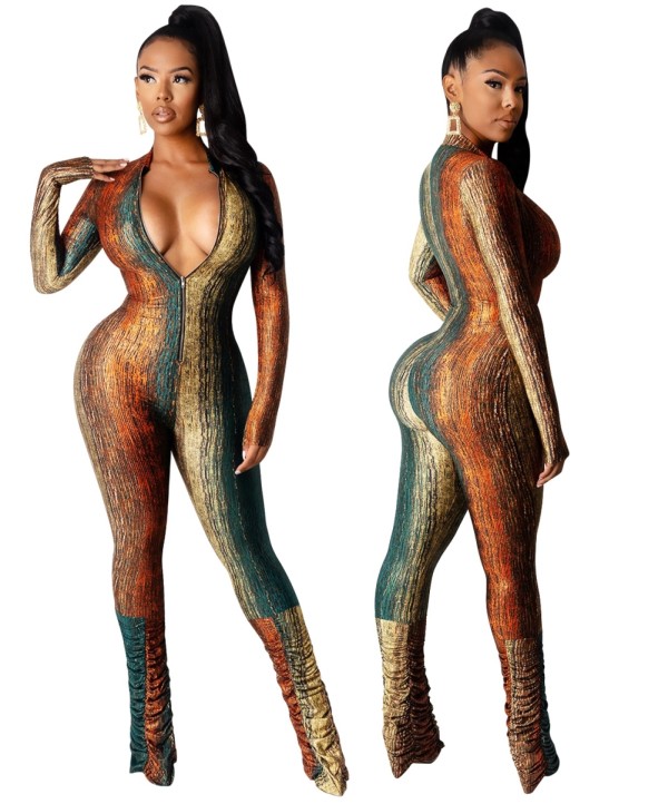 Autumn Party Sexy Print Zip Up Stacked Jumpsuit
