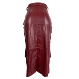 Autumn High Waist Slit High Low Leather Midi Skirt