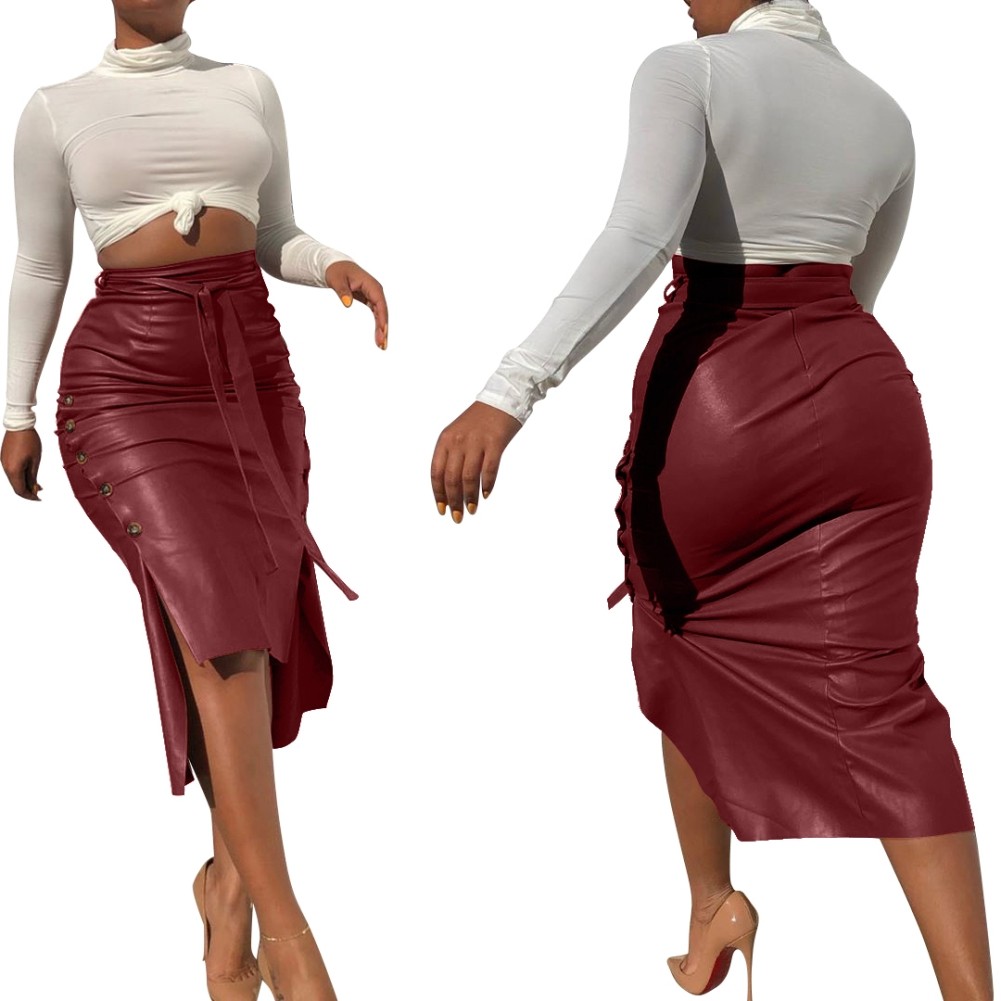 Wholesale Autumn High Waist Slit High Low Leather Midi Skirt | Global Lover
