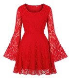 Autumn Red Lace Party Skater Dress with Wide Cuffs