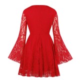 Autumn Red Lace Party Skater Dress with Wide Cuffs