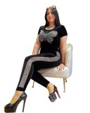 Plus Size Mother Mature Sequins Butterfly Slit Shirt and Pants Set
