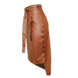 Autumn High Waist Slit High Low Leather Midi Skirt