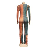Autumn Party Sexy Print Zip Up Stacked Jumpsuit