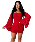 Autumn Party Sexy Strapless Ruched Mini Dress with Wide Sleeves