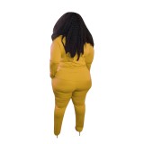 Plus Size Autumn Solid Plain Yellow Tight Zipper Jacket and Pants Set