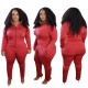 Plus Size Autumn Solid Plain Red Tight Zipper Jacket and Pants Set