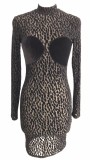 Autumn Black Leopard Sexy See Through Mini Club Dress