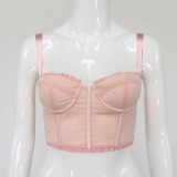 Summer Sexy Push Up Straps Crop Top with Ruffle Trims