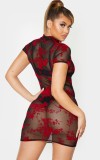 Summer Party Sexy Red and Black Floral Mesh Mini Dress