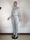 Solid Plain Matching Long Sleeve Crop Top and Track Pants Set
