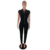 Autumn Black Button Up Tight Denim Jumpsuit with Short Sleeves