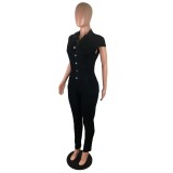 Autumn Black Button Up Tight Denim Jumpsuit with Short Sleeves