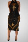 Party Sexy Gold and Black Sequins Scoop Neck Midi Dress