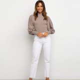Winter Turtle Neck Ribbed Sweater with Bubble Sleeves