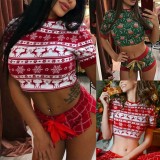 Christmas Women Print Crop Top and Shorts Pajama Set