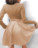 Autumn Elegant Leather Khaki Zipper A-Line Casual Dress